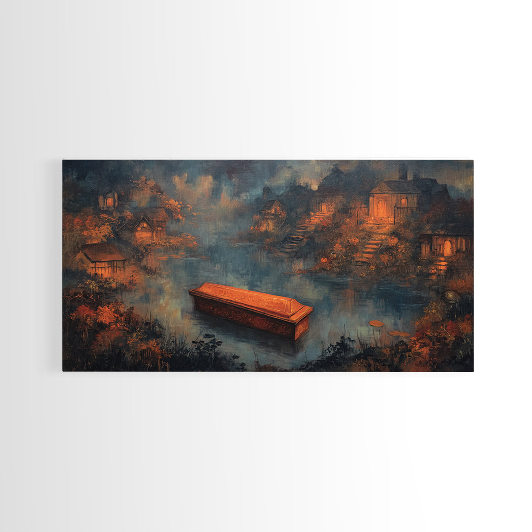 The Floating Coffin Garden - Environmental Panorama, Occult Wall Decor, Wide Panoramic Art, Canvas Print, Halloween Home Decor