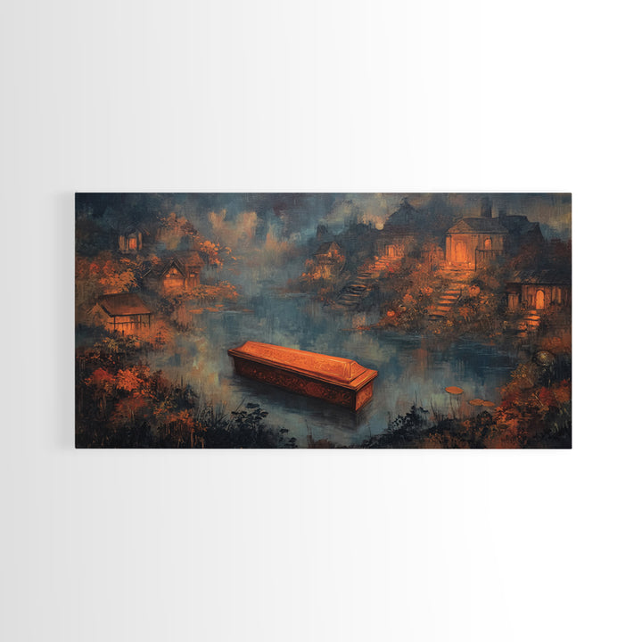 The Floating Coffin Garden - Environmental Panorama, Occult Wall Decor, Wide Panoramic Art, Canvas Print, Halloween Home Decor