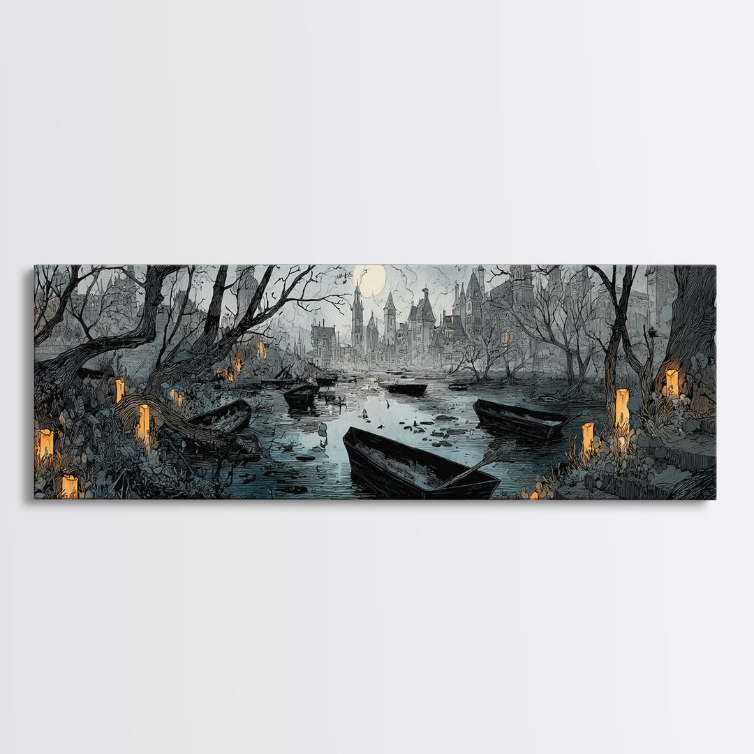 The Floating Coffin Garden - Environmental Panorama, Dark Fantasy Wall Art, Extra Wide Wall Art, Canvas Print, Halloween Home Decor
