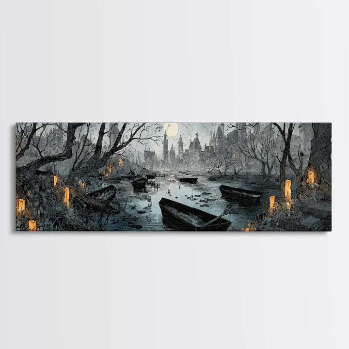 The Floating Coffin Garden - Environmental Panorama, Dark Fantasy Wall Art, Extra Wide Wall Art, Canvas Print, Halloween Home Decor