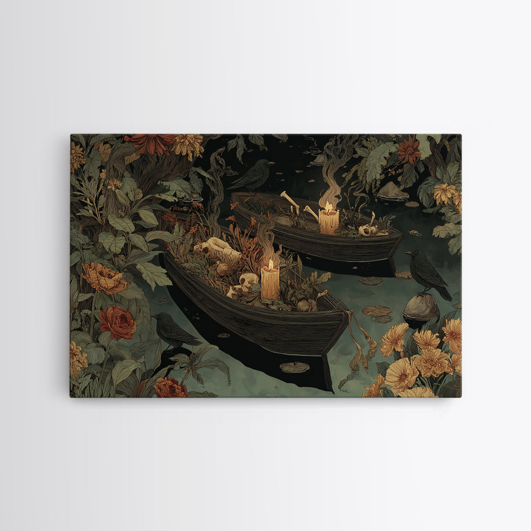 The Floating Coffin Garden - Occult Still Life, Spooky Wall Decor, Landscape Wall Art, Framed Canvas Print, Halloween Home Decor