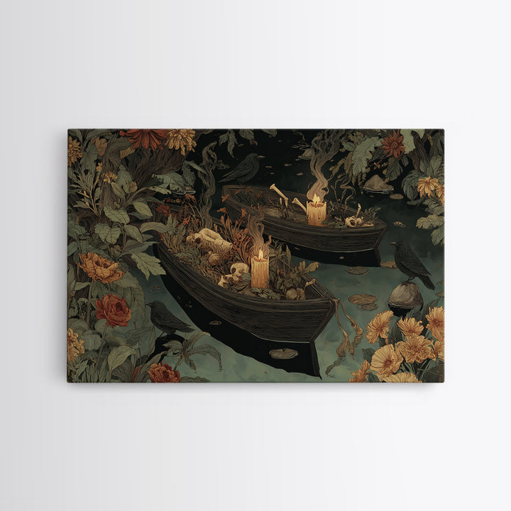 The Floating Coffin Garden - Occult Still Life, Spooky Wall Decor, Landscape Wall Art, Framed Canvas Print, Halloween Home Decor