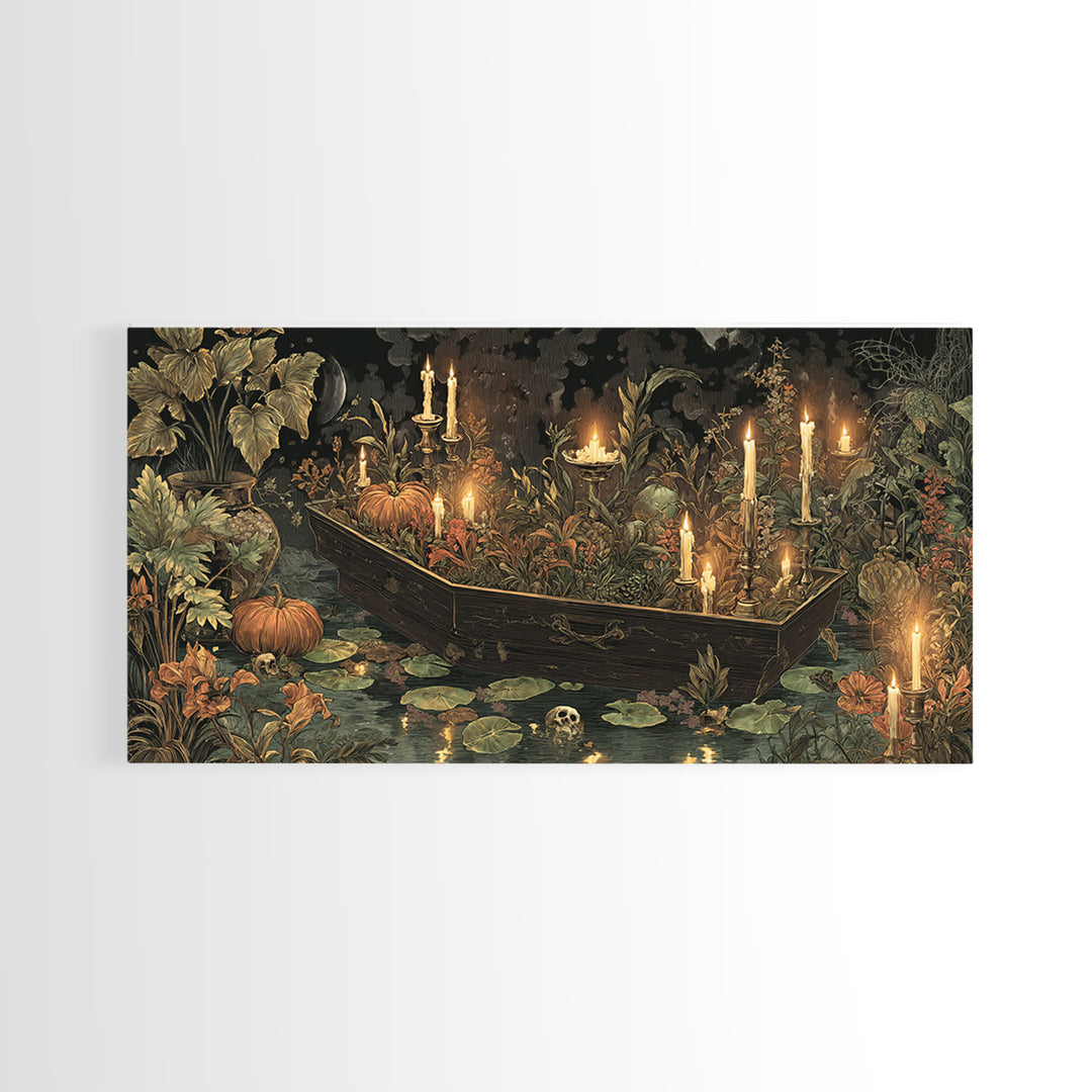 The Floating Coffin Garden - Occult Still Life, Spooky Wall Decor, Wide Panoramic Art, Framed Canvas Print, Halloween Home Decor