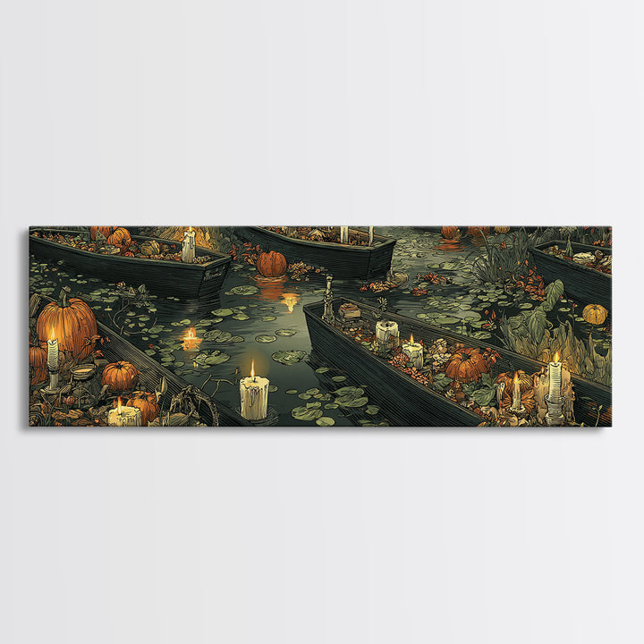 The Floating Coffin Garden - Occult Still Life, Spooky Wall Decor, Extra Wide Wall Art, Framed Canvas Print, Halloween Home Decor