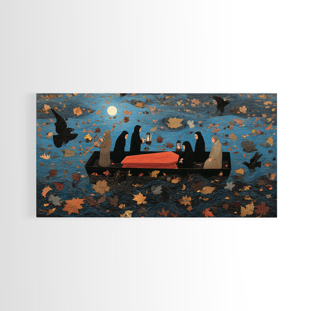 The Floating Coffin Garden - Procession Scene, Macabre Halloween Art, Wide Panoramic Art, Framed Canvas Print, Halloween Home Decor