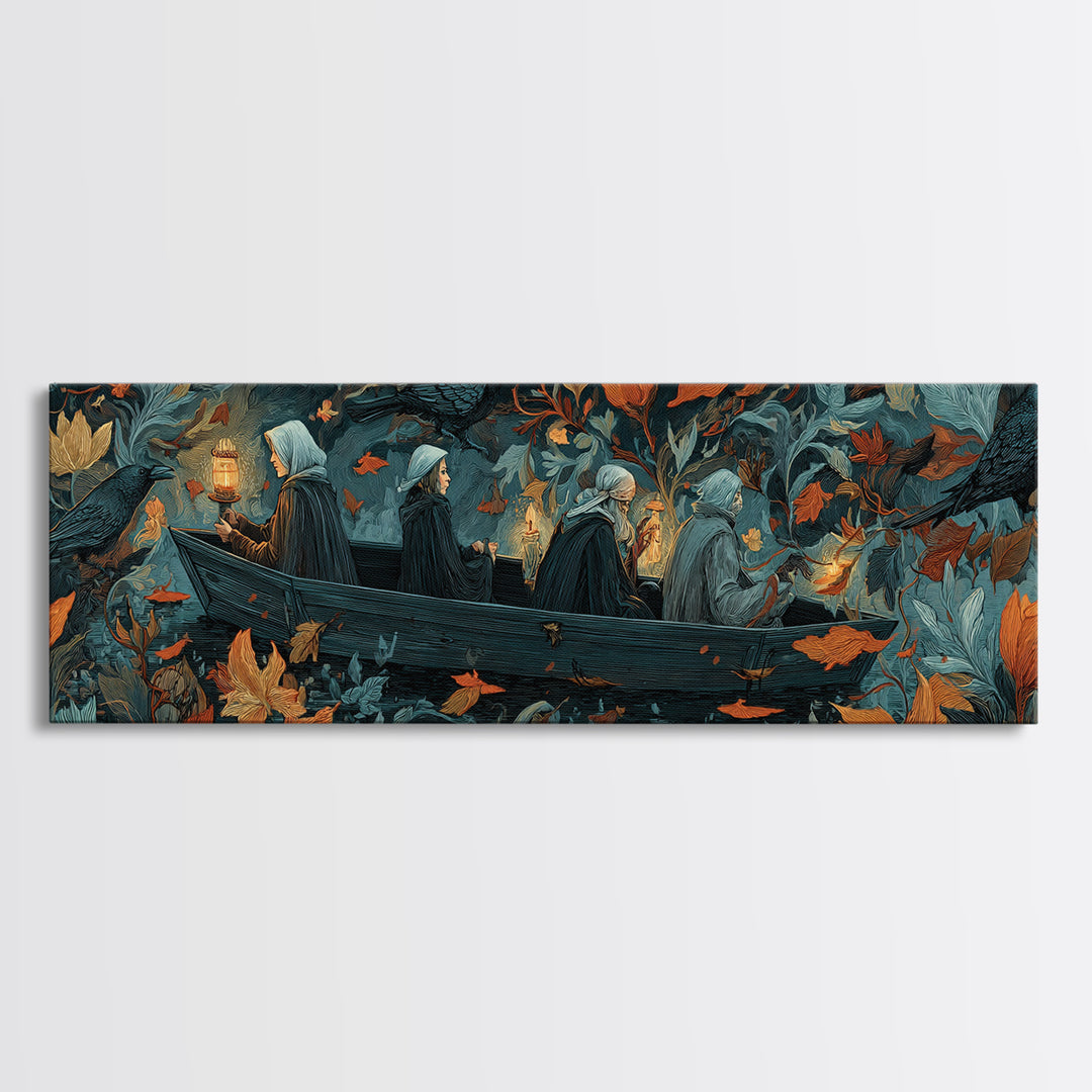 The Floating Coffin Garden - Procession Scene, Halloween Wall Art, Extra Wide Wall Art, Framed Canvas Print, Halloween Home Decor