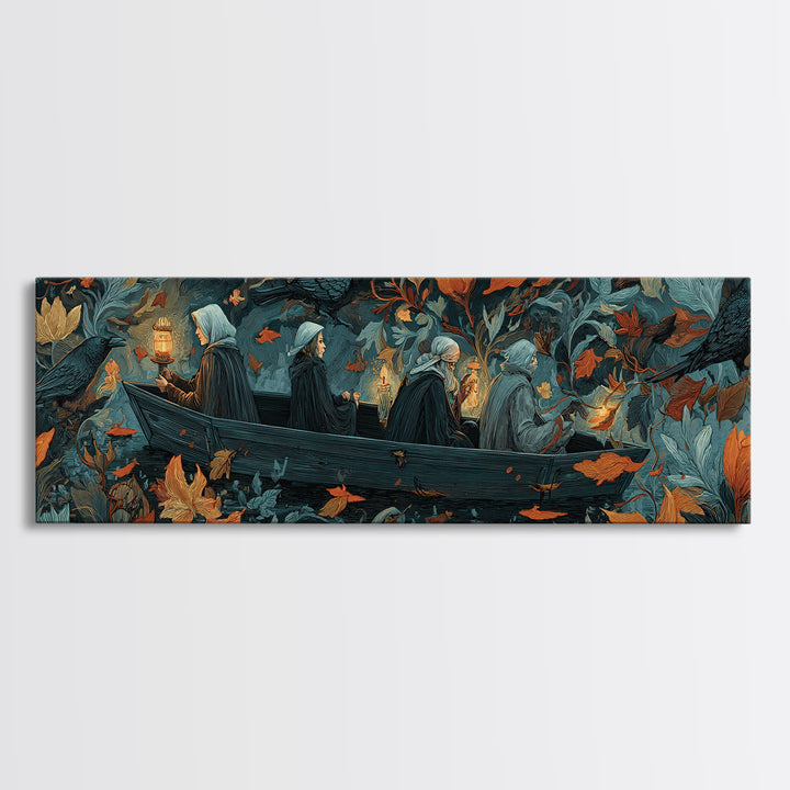 The Floating Coffin Garden - Procession Scene, Halloween Wall Art, Extra Wide Wall Art, Framed Canvas Print, Halloween Home Decor