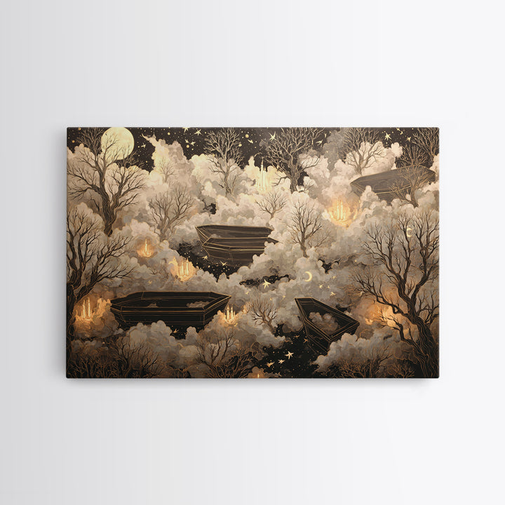 The Floating Coffin Garden - Surreal Celestial Vision, Macabre Halloween Art, Landscape Wall Art, Framed Canvas Print, Halloween Home Decor