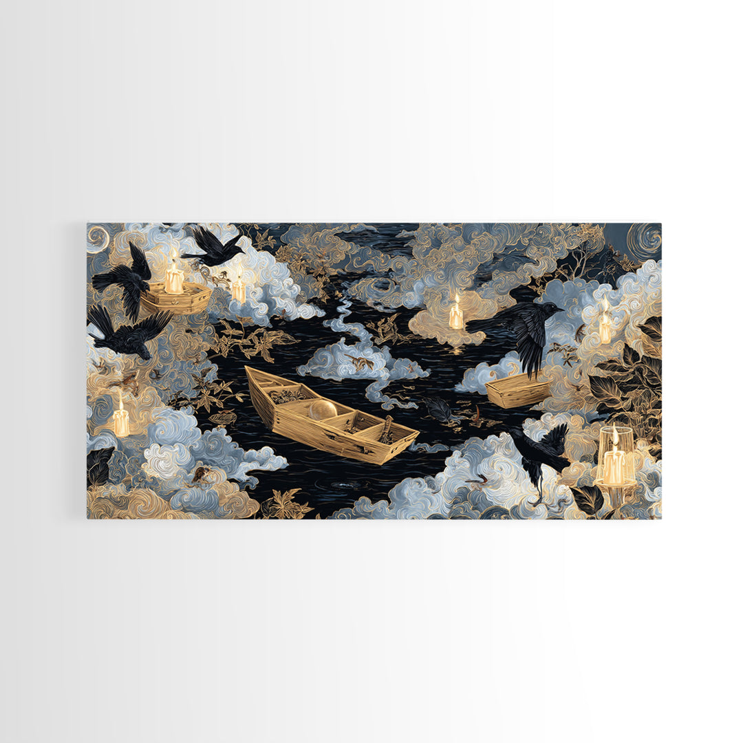 The Floating Coffin Garden - Surreal Celestial Vision, Halloween Wall Art, Wide Panoramic Art, Framed Canvas Print, Halloween Home Decor