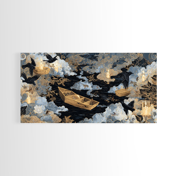 The Floating Coffin Garden - Surreal Celestial Vision, Halloween Wall Art, Wide Panoramic Art, Framed Canvas Print, Halloween Home Decor