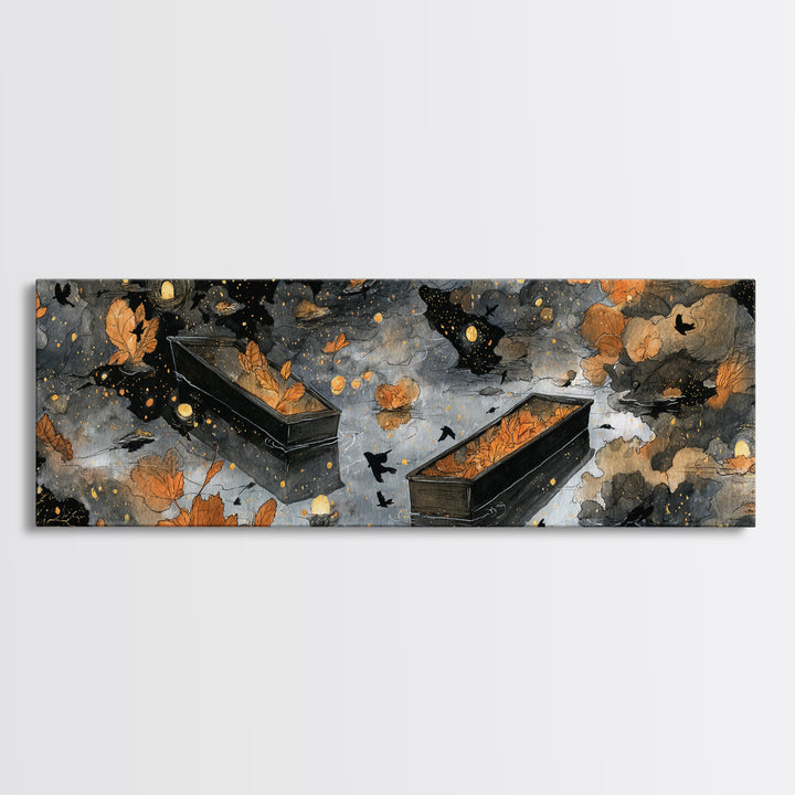 The Floating Coffin Garden - Surreal Celestial Vision, Spooky Wall Decor, Extra Wide Wall Art, Framed Canvas Print, Halloween Home Decor
