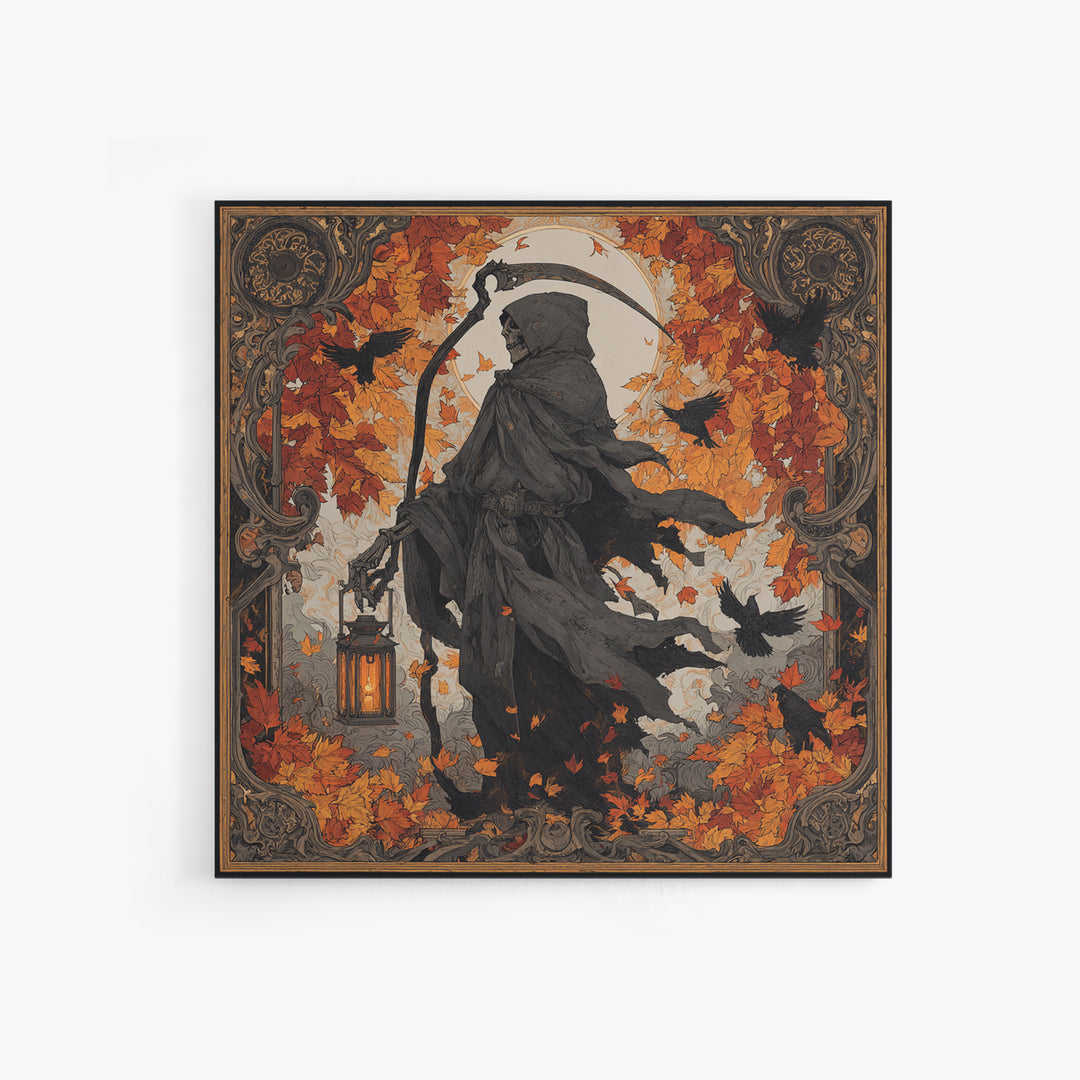 The Autumn Reaper Parade - Icon Portrait, Spooky Wall Decor, Square Wall Art, Framed Canvas Print, Halloween Home Decor, Gothic Wall Art