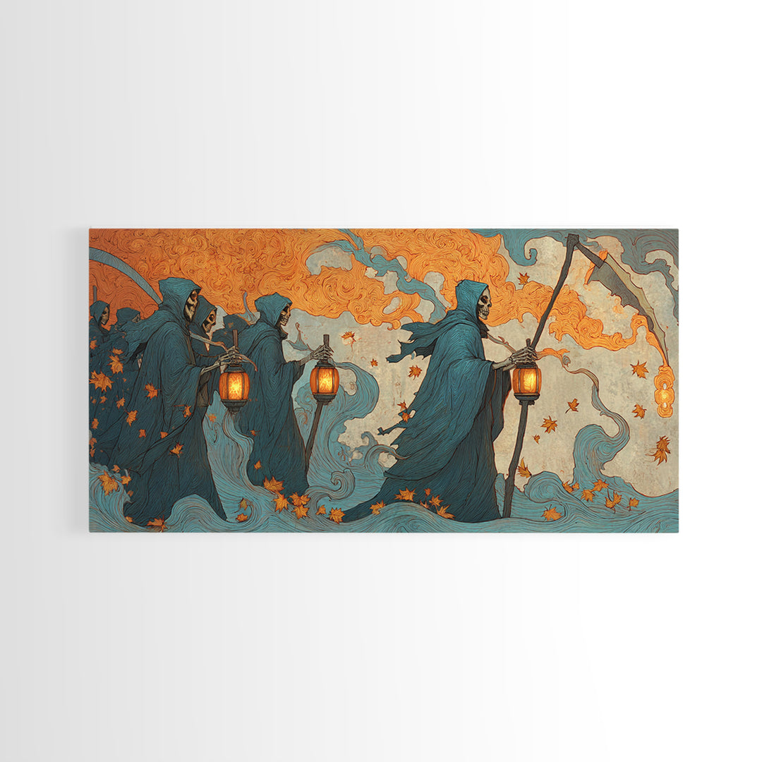 The Autumn Reaper Parade - Icon Portrait, Dark Fantasy Wall Art, Wide Panoramic Art, Canvas Print, Halloween Home Decor, Gothic Wall Art
