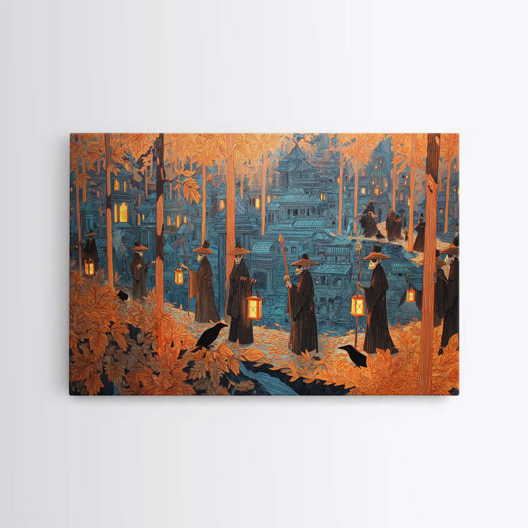 The Autumn Reaper Parade - Environmental Panorama, Macabre Halloween Art, Landscape Wall Art, Framed Canvas Print, Halloween Home Decor