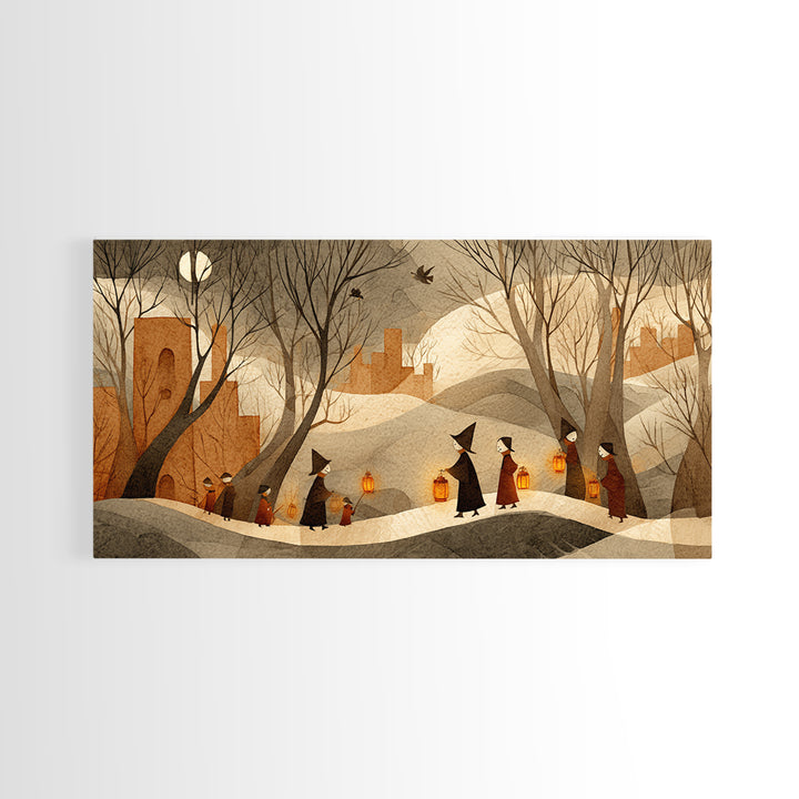 The Autumn Reaper Parade - Environmental Panorama, Spooky Wall Decor, Wide Panoramic Art, Framed Canvas Print, Halloween Home Decor