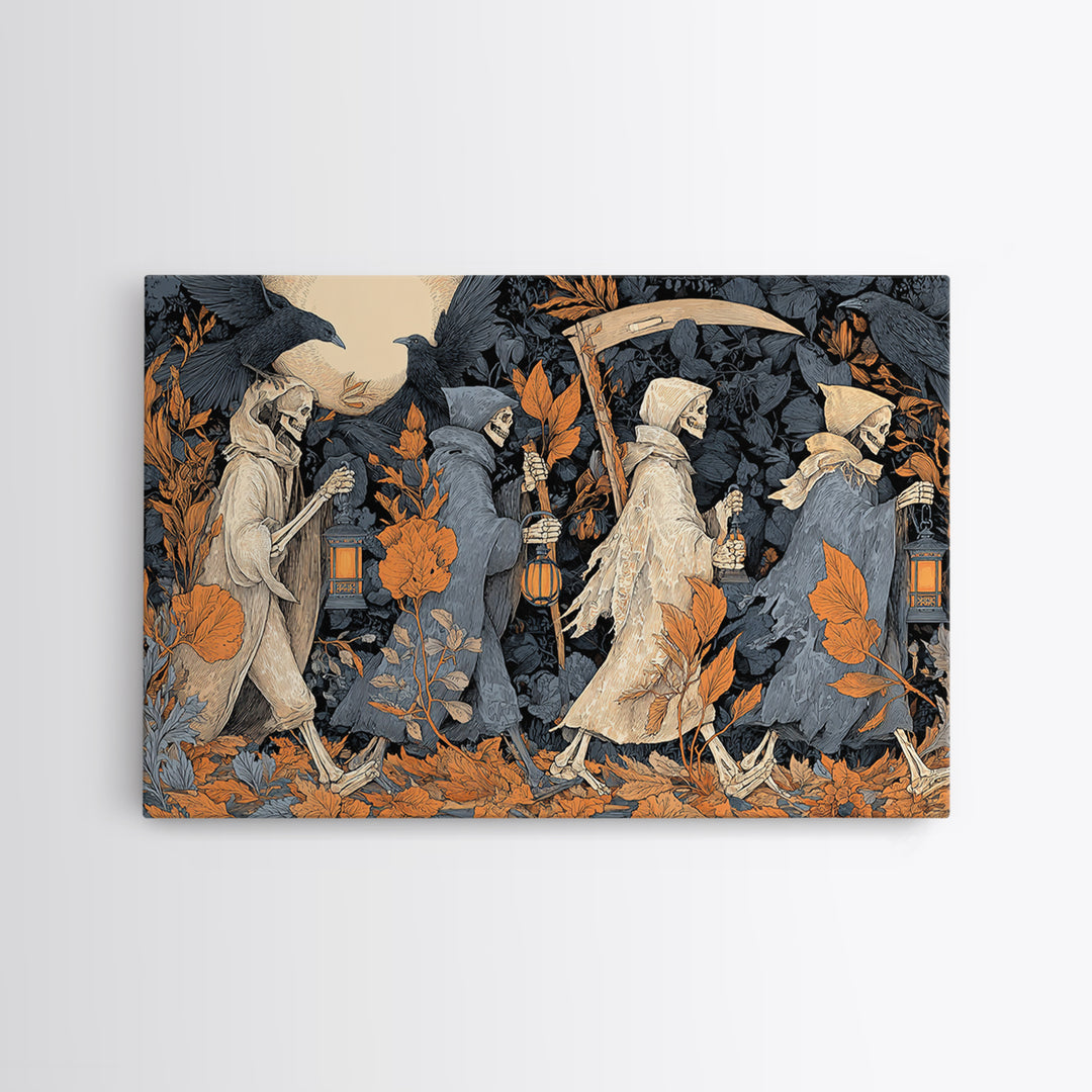 The Autumn Reaper Parade - Occult Still Life, Halloween Wall Art, Landscape Wall Art, Framed Canvas Print, Halloween Home Decor