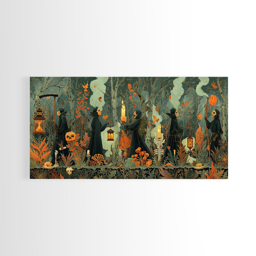 The Autumn Reaper Parade - Occult Still Life, Occult Wall Decor, Wide Panoramic Art, Canvas Print, Halloween Home Decor, Gothic Wall Art