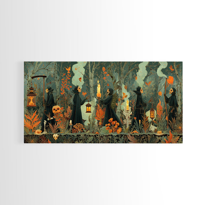 The Autumn Reaper Parade - Occult Still Life, Occult Wall Decor, Wide Panoramic Art, Canvas Print, Halloween Home Decor, Gothic Wall Art