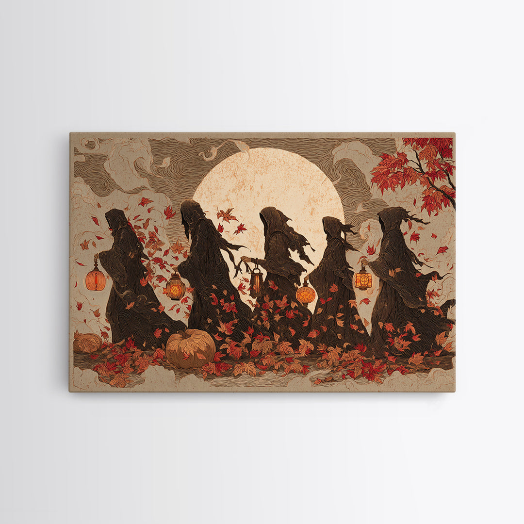The Autumn Reaper Parade - Procession Scene, Macabre Halloween Art, Landscape Wall Art, Framed Canvas Print, Halloween Home Decor
