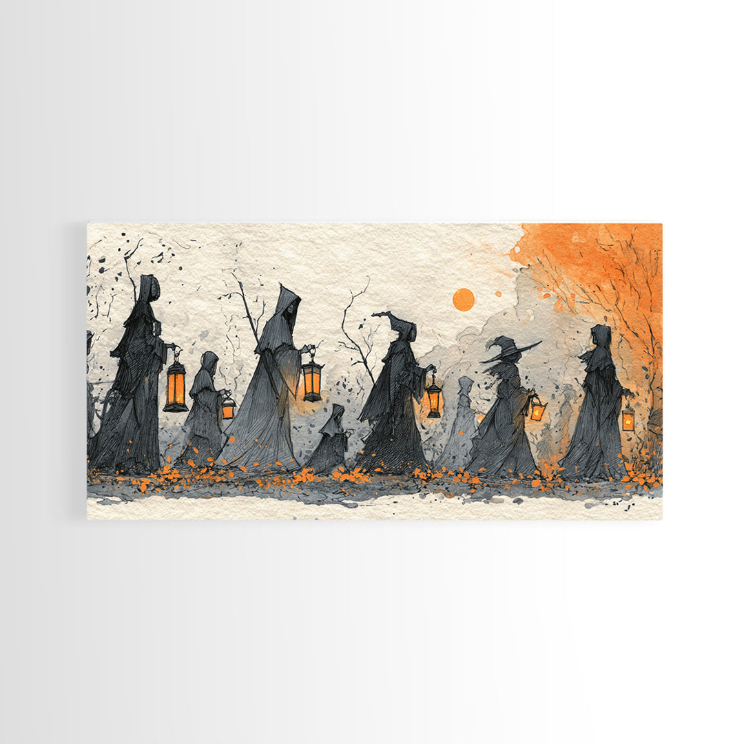 The Autumn Reaper Parade - Procession Scene, Spooky Wall Decor, Wide Panoramic Art, Framed Canvas Print, Halloween Home Decor