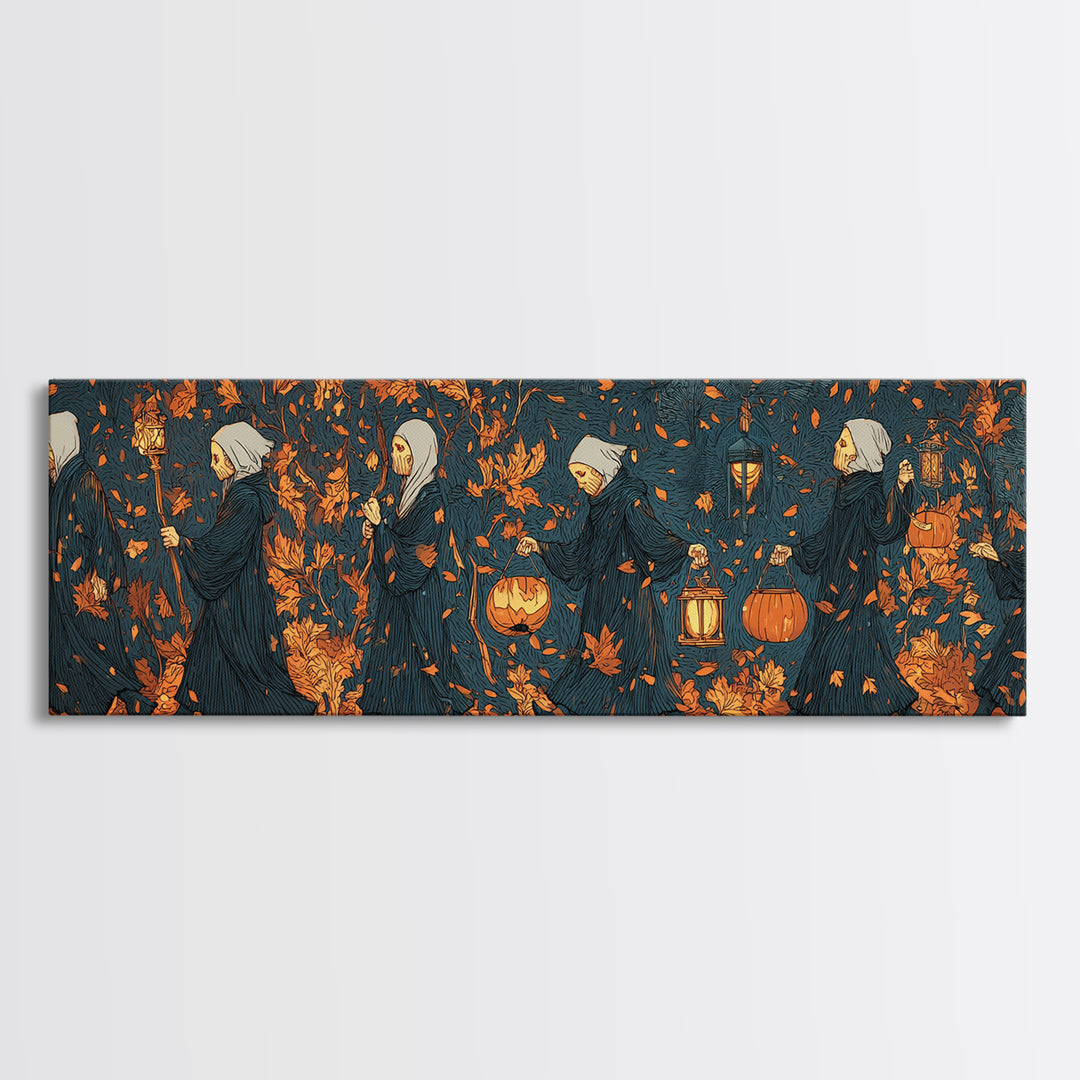 The Autumn Reaper Parade - Procession Scene, Gothic Home Decor, Extra Wide Wall Art, Canvas Print, Halloween Home Decor, Gothic Wall Art