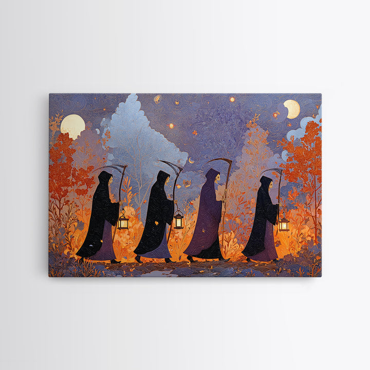 The Autumn Reaper Parade - Surreal Celestial Vision, Spooky Wall Decor, Landscape Wall Art, Framed Canvas Print, Halloween Home Decor