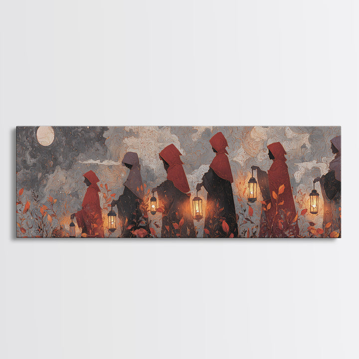 The Autumn Reaper Parade - Surreal Celestial Vision, Spooky Wall Decor, Extra Wide Wall Art, Framed Canvas Print, Halloween Home Decor