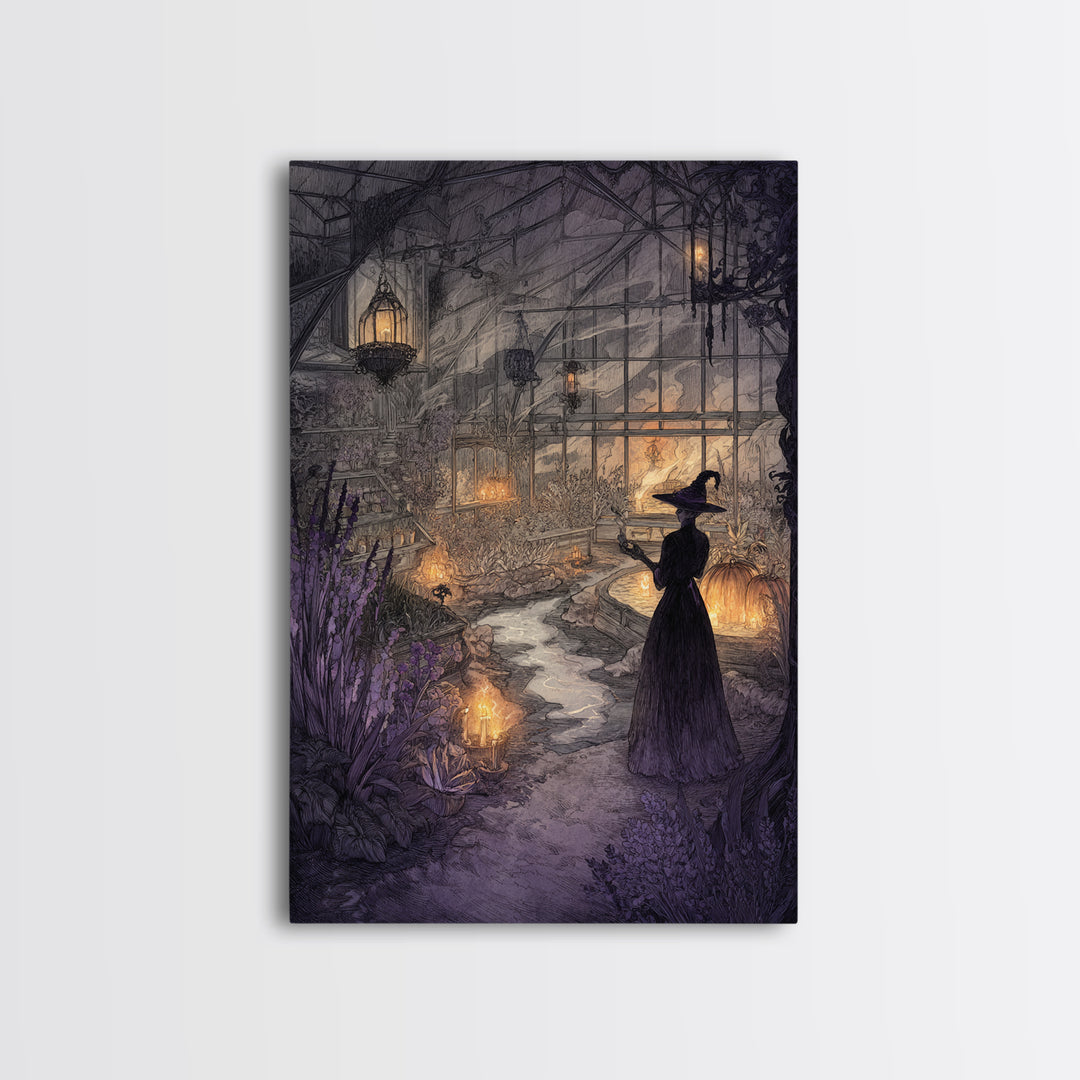 The Witch Queen Greenhouse - Environmental Panorama, Halloween Wall Art, Vertical Wall Art, Framed Canvas Print, Halloween Home Decor