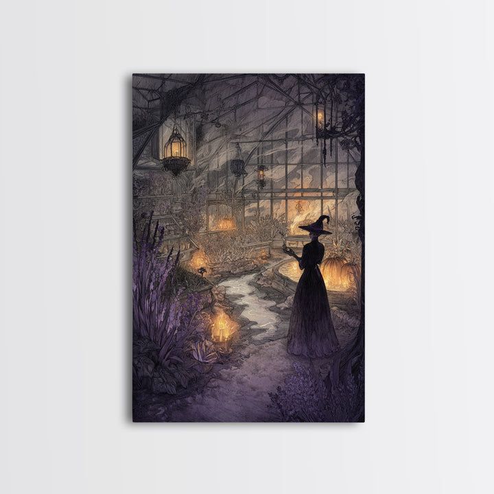 The Witch Queen Greenhouse - Environmental Panorama, Halloween Wall Art, Vertical Wall Art, Framed Canvas Print, Halloween Home Decor