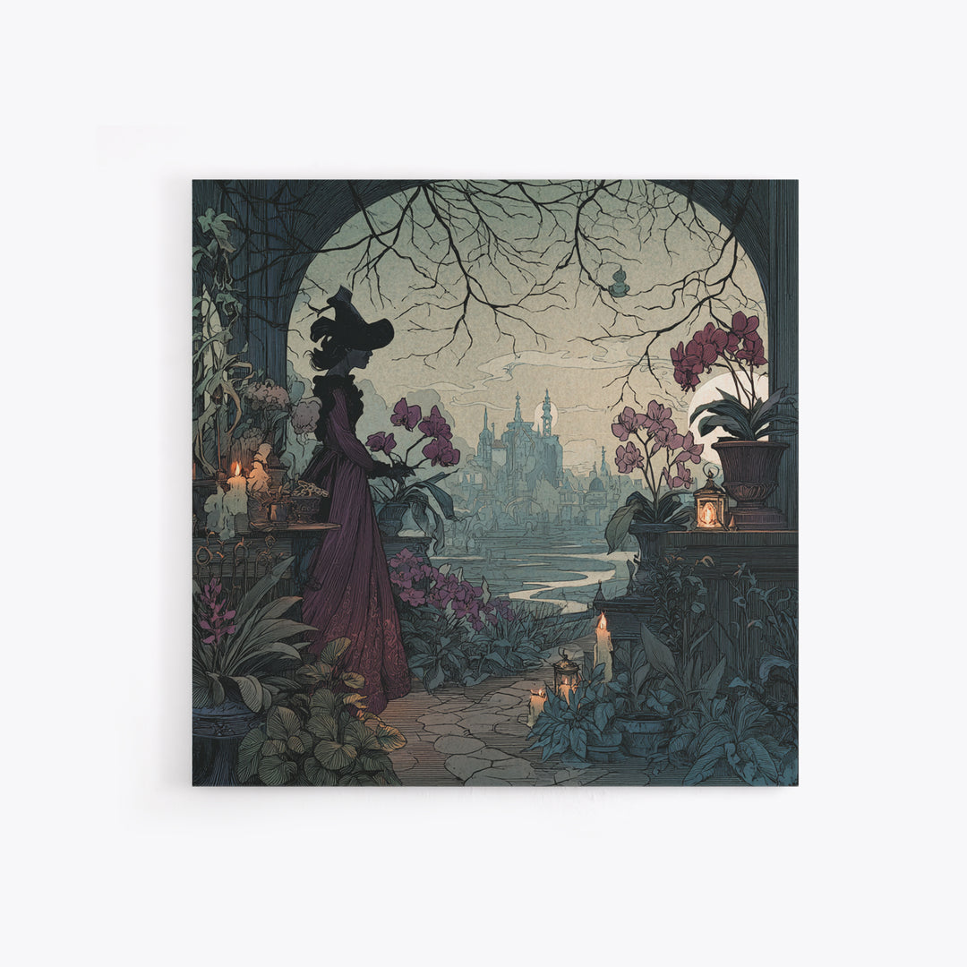 The Witch Queen Greenhouse - Environmental Panorama, Spooky Wall Decor, Square Wall Art, Framed Canvas Print, Halloween Home Decor