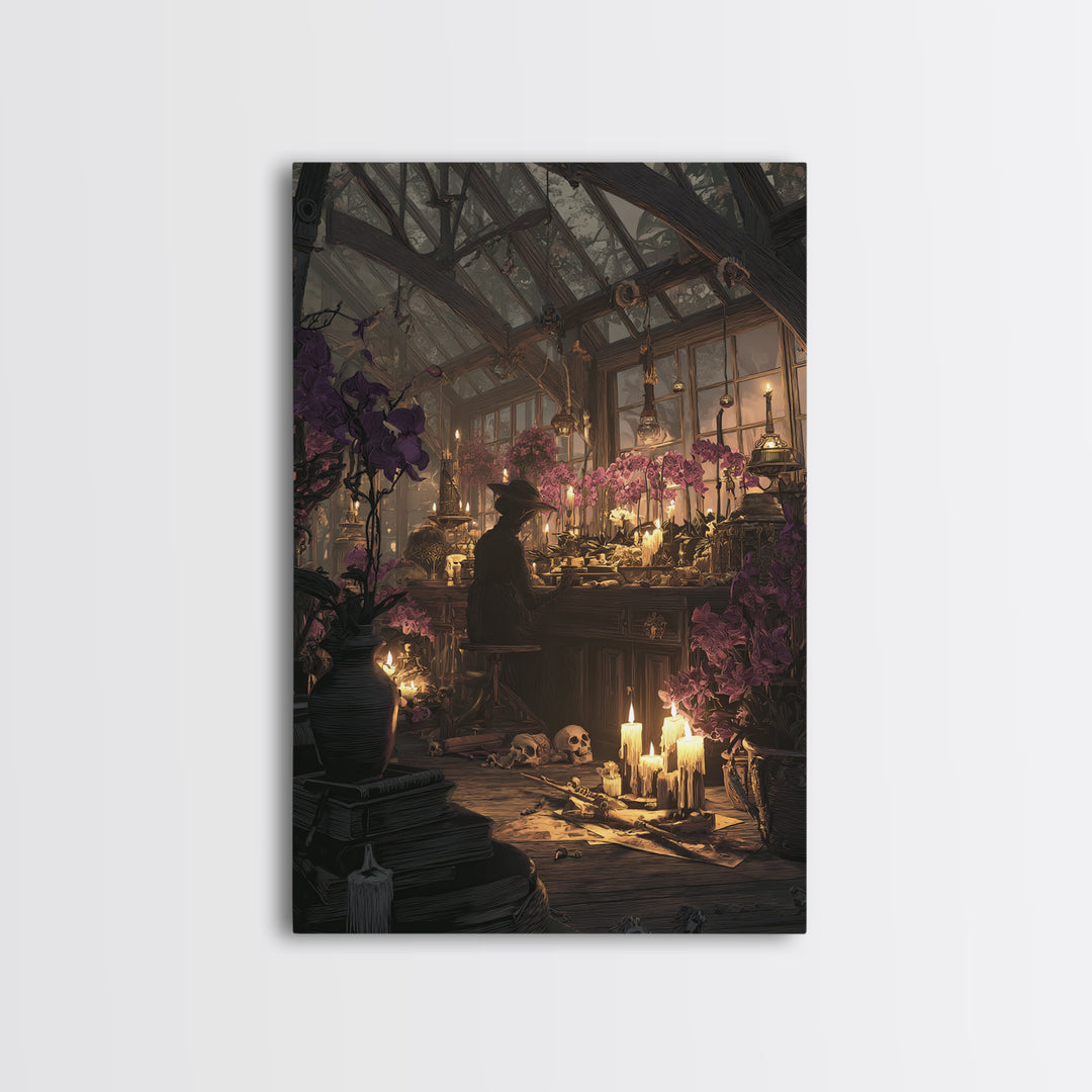 The Witch Queen Greenhouse - Occult Still Life, Macabre Halloween Art, Vertical Wall Art, Framed Canvas Print, Halloween Home Decor