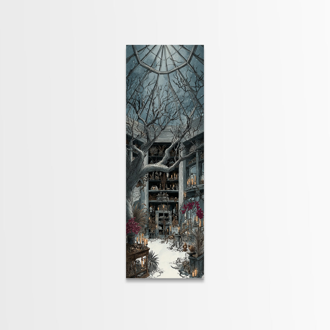 The Witch Queen Greenhouse - Occult Still Life, Spooky Wall Decor, Tall Narrow Wall Art, Framed Canvas Print, Halloween Home Decor