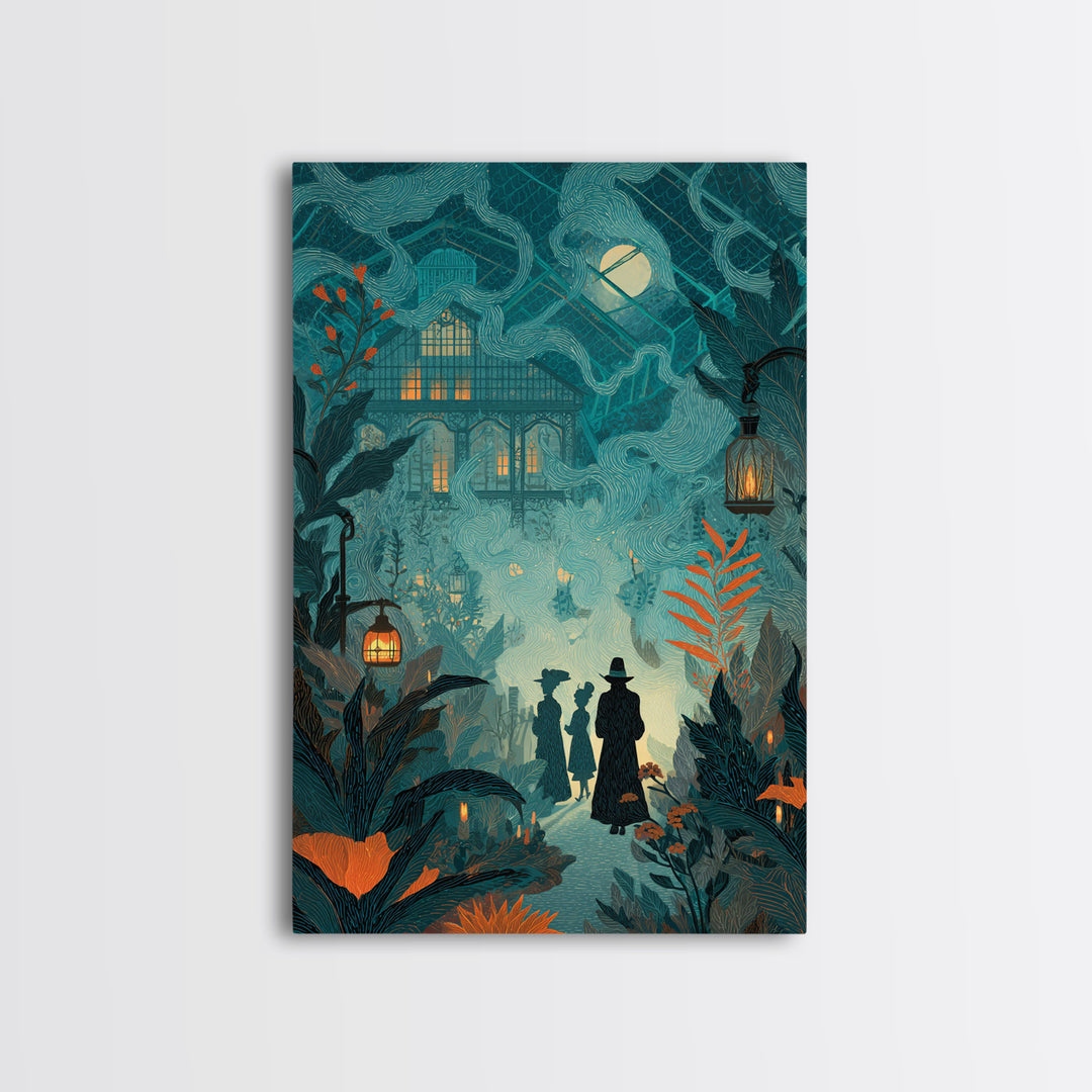 The Witch Queen Greenhouse - Procession Scene, Macabre Halloween Art, Vertical Wall Art, Framed Canvas Print, Halloween Home Decor