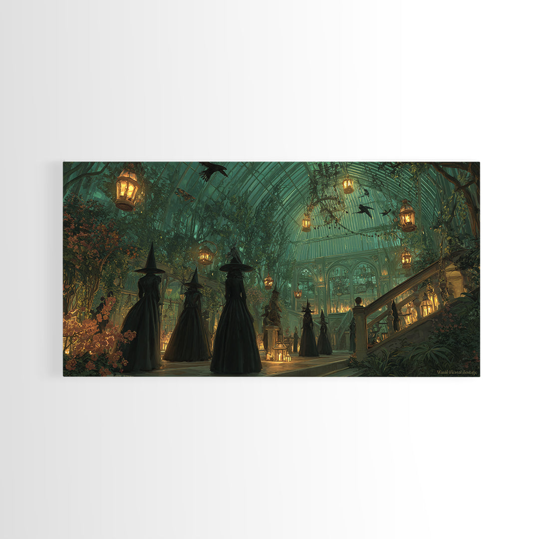 The Witch Queen Greenhouse - Procession Scene, Spooky Wall Decor, Wide Panoramic Art, Framed Canvas Print, Halloween Home Decor