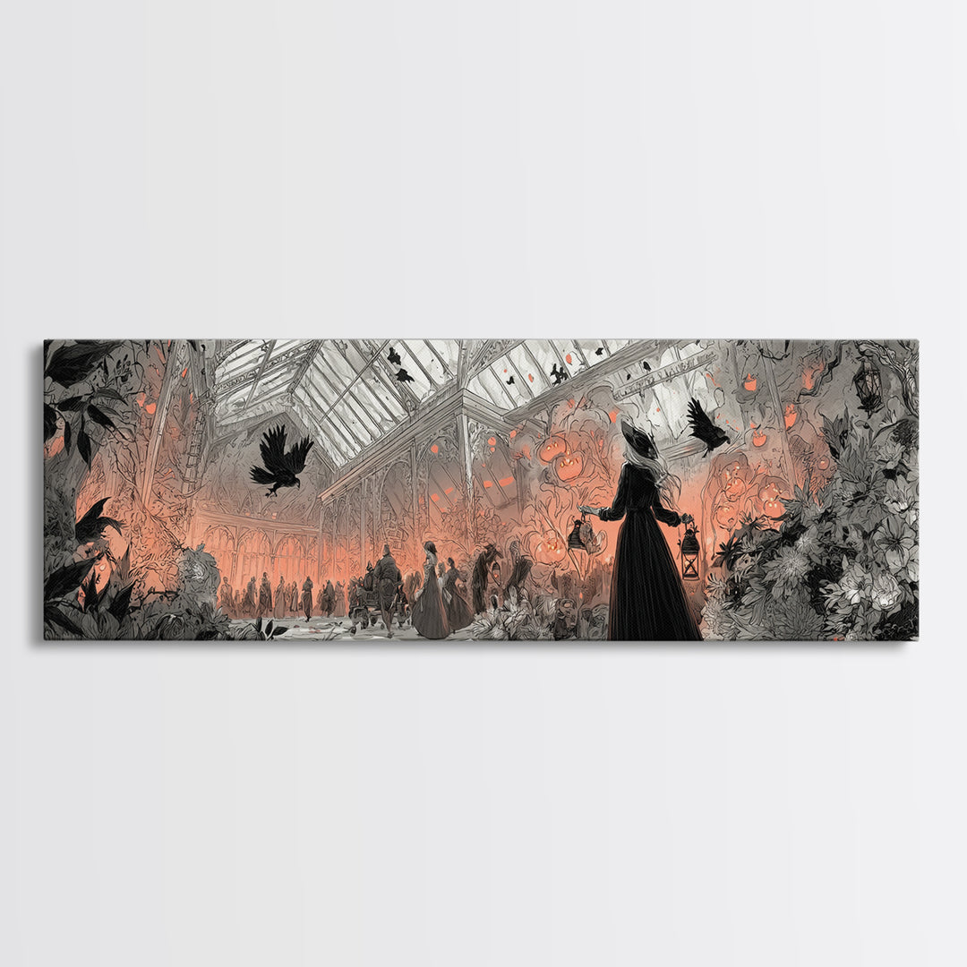 The Witch Queen Greenhouse - Procession Scene, Gothic Home Decor, Extra Wide Wall Art, Canvas Print, Halloween Home Decor, Gothic Wall Art