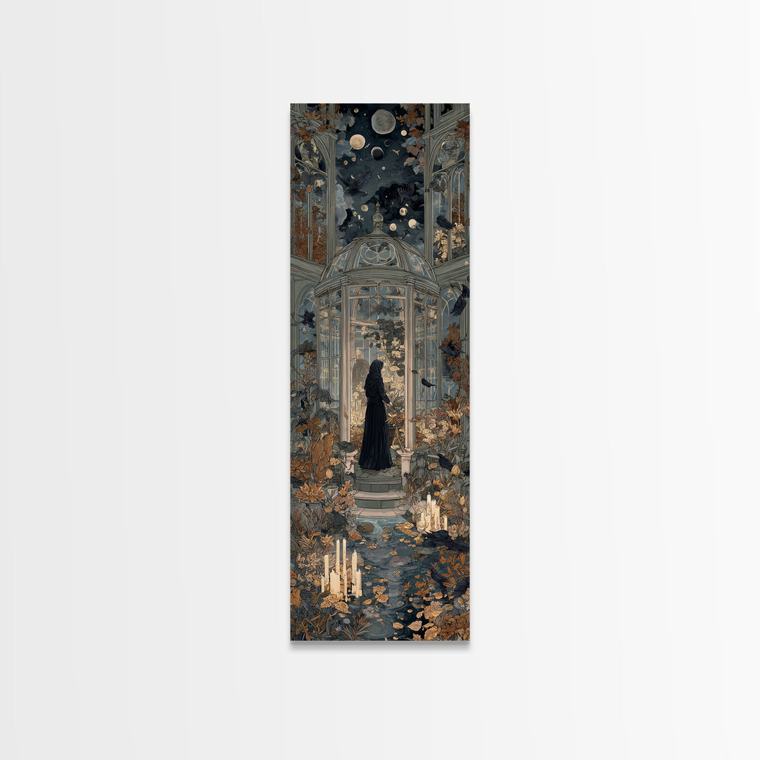 The Witch Queen Greenhouse - Surreal Celestial Vision, Spooky Wall Decor, Tall Narrow Wall Art, Framed Canvas Print, Halloween Home Decor