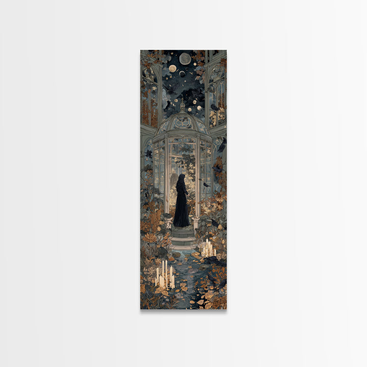 The Witch Queen Greenhouse - Surreal Celestial Vision, Spooky Wall Decor, Tall Narrow Wall Art, Framed Canvas Print, Halloween Home Decor