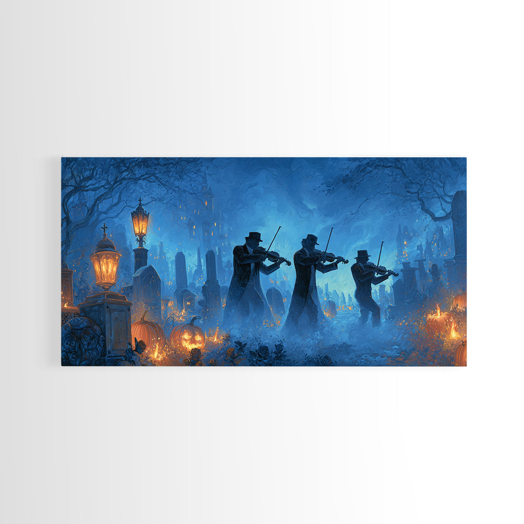 The Ghostly Violin Procession - Icon Portrait, Halloween Wall Art, Wide Panoramic Art, Framed Canvas Print, Halloween Home Decor