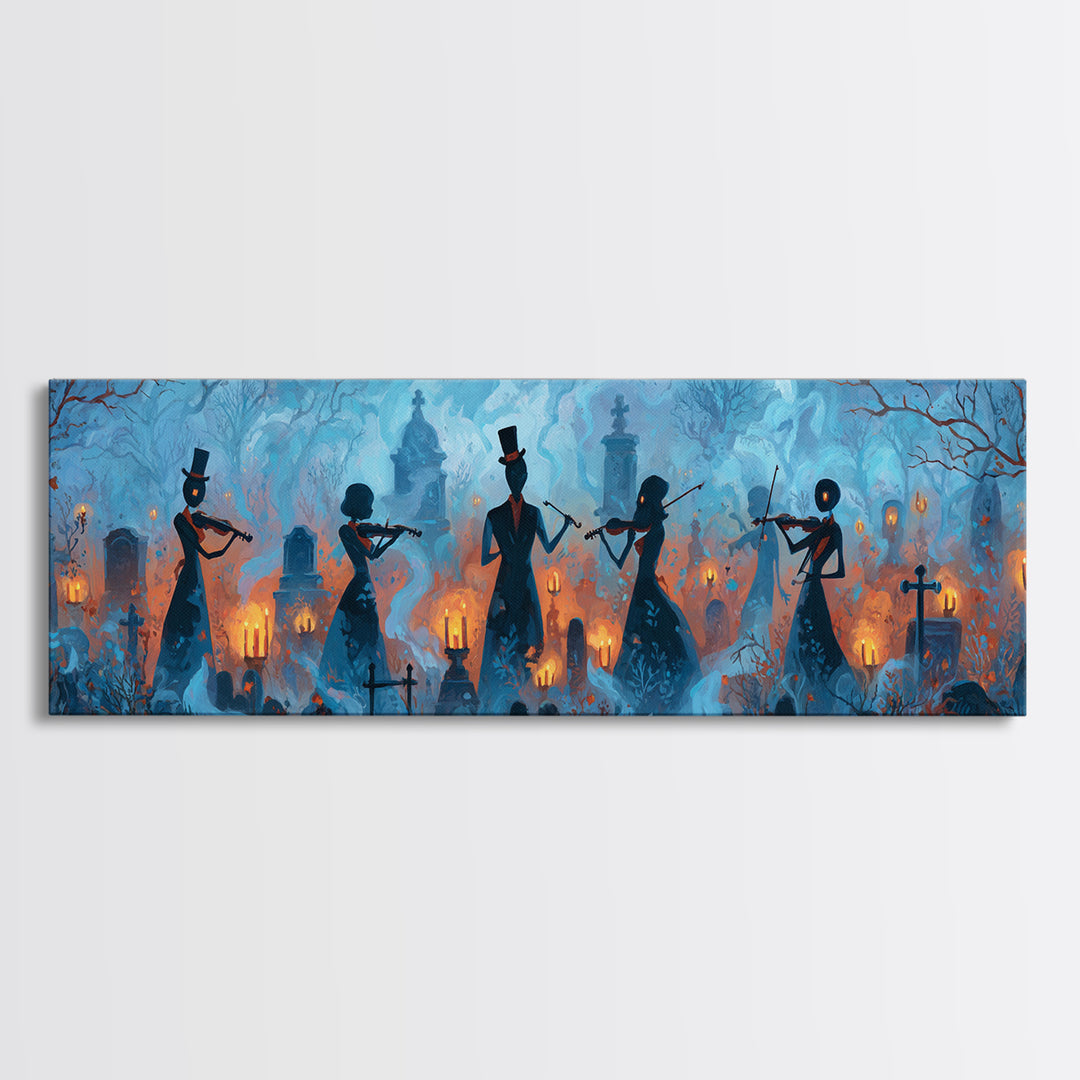 The Ghostly Violin Procession - Icon Portrait, Macabre Halloween Art, Extra Wide Wall Art, Framed Canvas Print, Halloween Home Decor