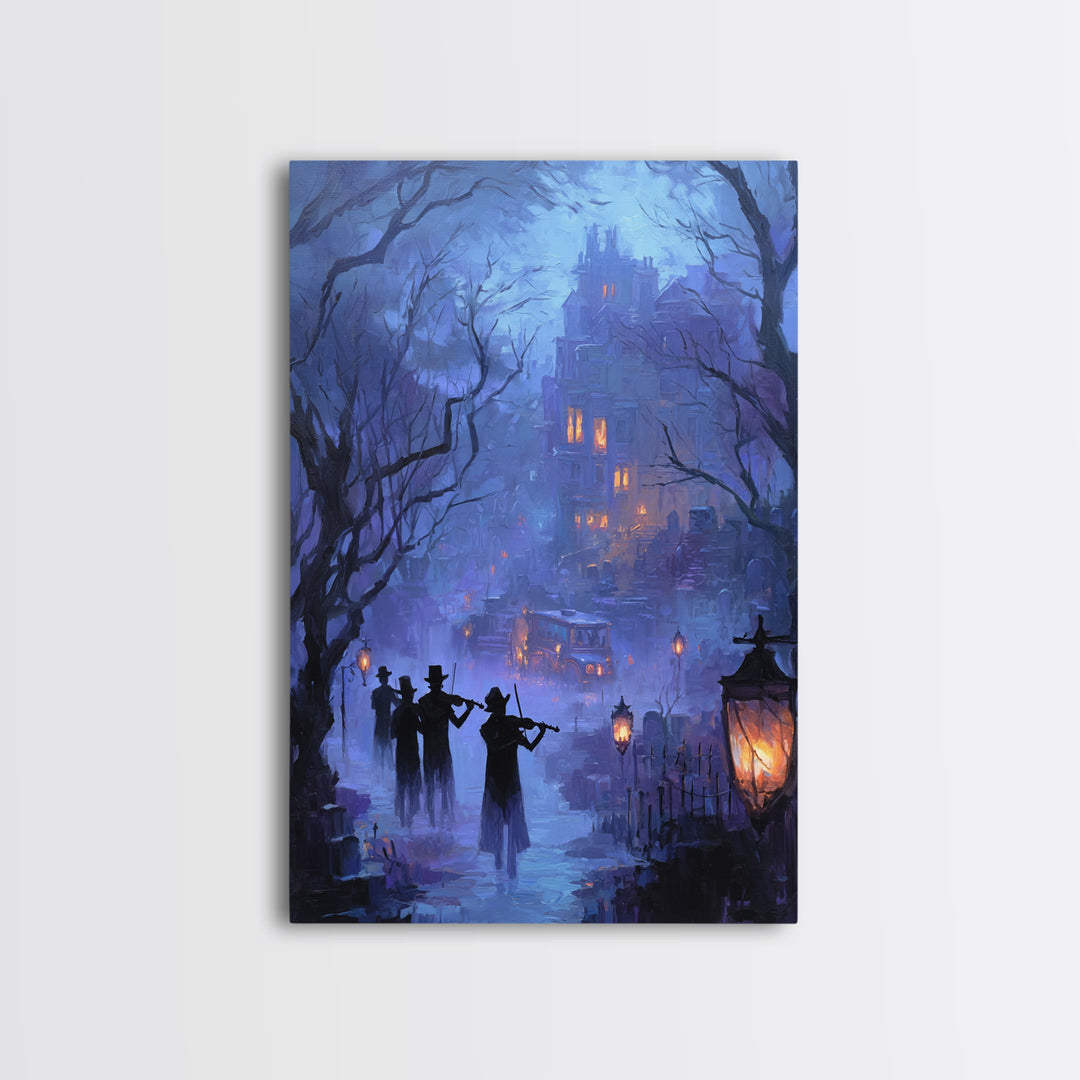 The Ghostly Violin Procession - Environmental Panorama, Spooky Wall Decor, Vertical Wall Art, Framed Canvas Print, Halloween Home Decor