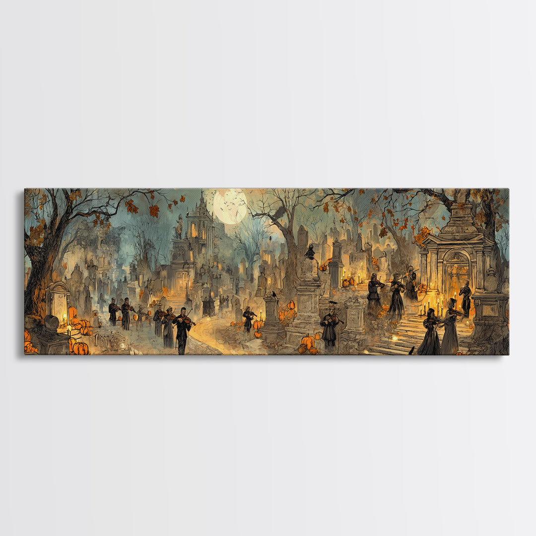 The Ghostly Violin Procession - Environmental Panorama, Occult Wall Decor, Extra Wide Wall Art, Canvas Print, Halloween Home Decor