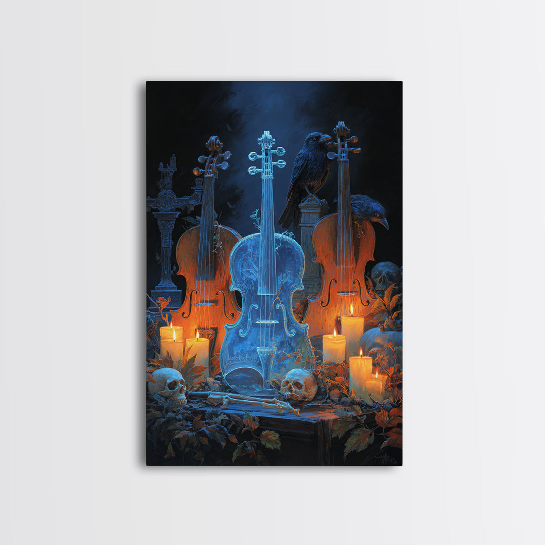 The Ghostly Violin Procession - Occult Still Life, Halloween Wall Art, Vertical Wall Art, Framed Canvas Print, Halloween Home Decor