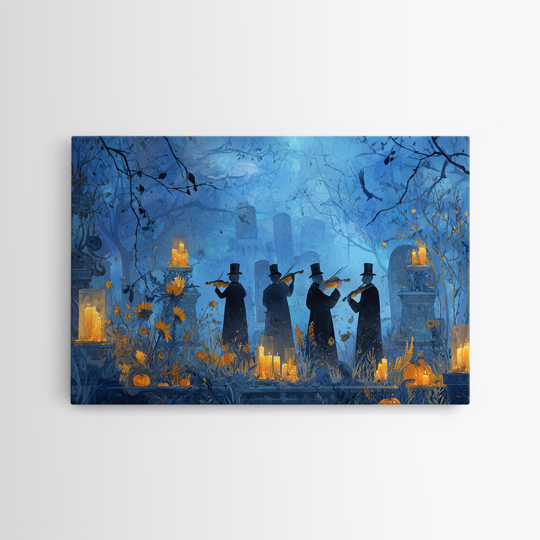 The Ghostly Violin Procession - Occult Still Life, Spooky Wall Decor, Landscape Wall Art, Framed Canvas Print, Halloween Home Decor