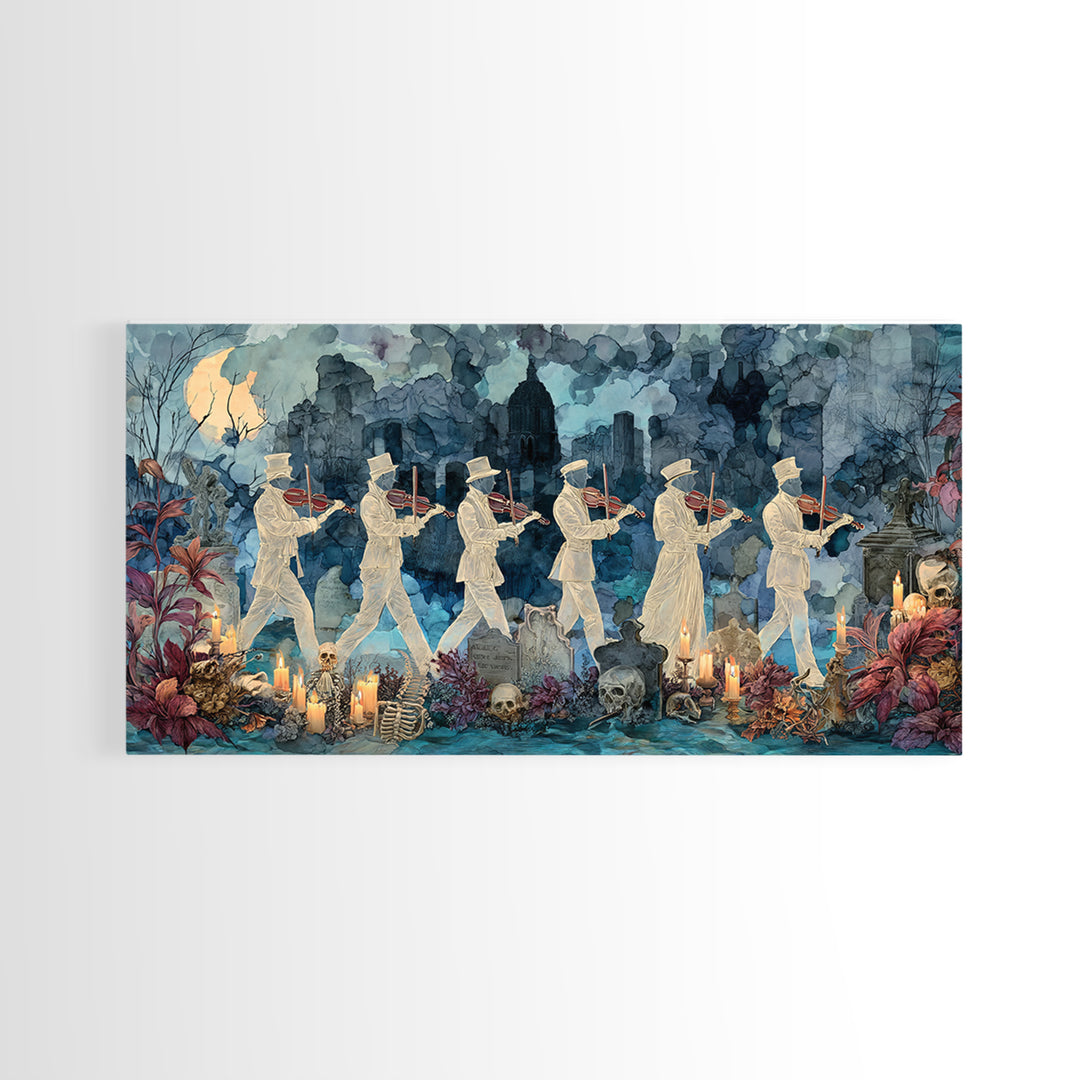 The Ghostly Violin Procession - Occult Still Life, Spooky Wall Decor, Wide Panoramic Art, Framed Canvas Print, Halloween Home Decor