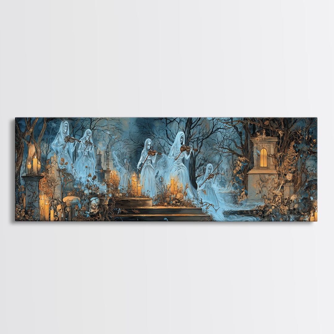The Ghostly Violin Procession - Occult Still Life, Occult Wall Decor, Extra Wide Wall Art, Canvas Print, Halloween Home Decor