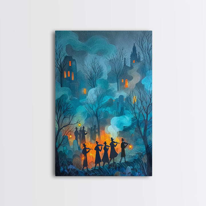 The Ghostly Violin Procession - Procession Scene, Macabre Halloween Art, Vertical Wall Art, Framed Canvas Print, Halloween Home Decor