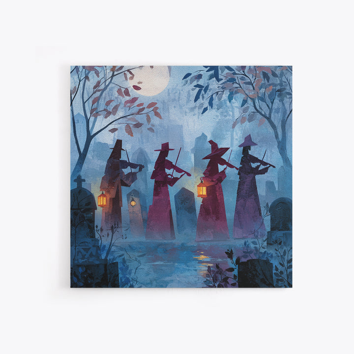 The Ghostly Violin Procession - Procession Scene, Macabre Halloween Art, Square Wall Art, Framed Canvas Print, Halloween Home Decor