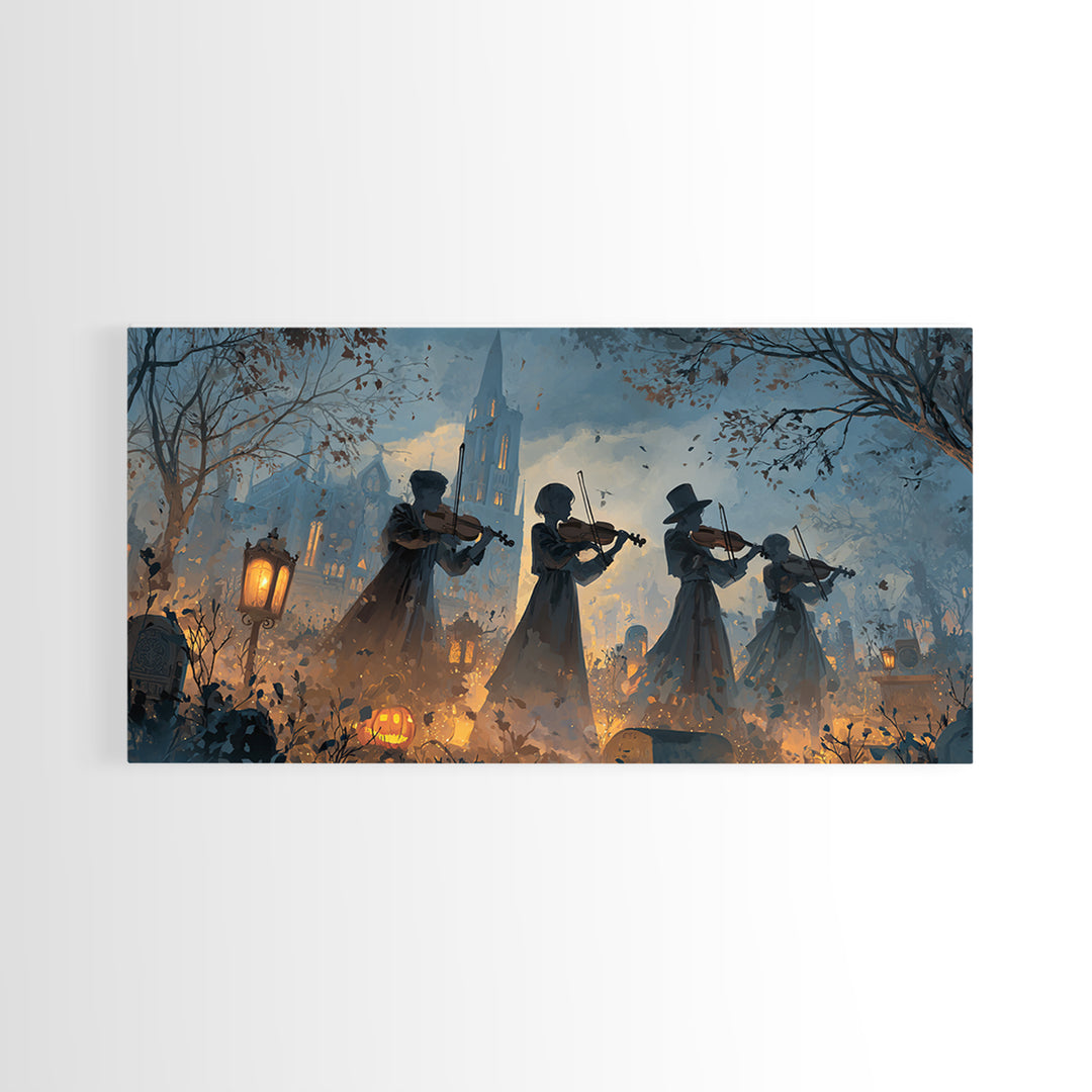The Ghostly Violin Procession - Procession Scene, Occult Wall Decor, Wide Panoramic Art, Canvas Print, Halloween Home Decor, Gothic Wall Art