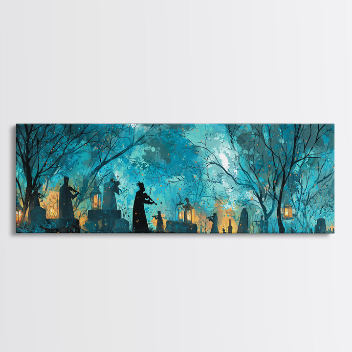 The Ghostly Violin Procession - Procession Scene, Spooky Wall Decor, Extra Wide Wall Art, Framed Canvas Print, Halloween Home Decor