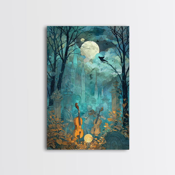 The Ghostly Violin Procession - Surreal Celestial Vision, Occult Wall Decor, Vertical Wall Art, Canvas Print, Halloween Home Decor
